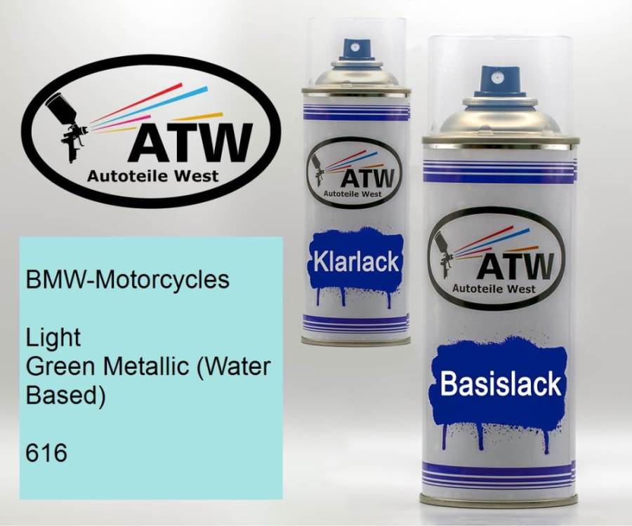 BMW-Motorcycles, Light Green Metallic (Water Based), 616: 400ml Sprühdose + 400ml Klarlack - Set, von ATW Autoteile West.